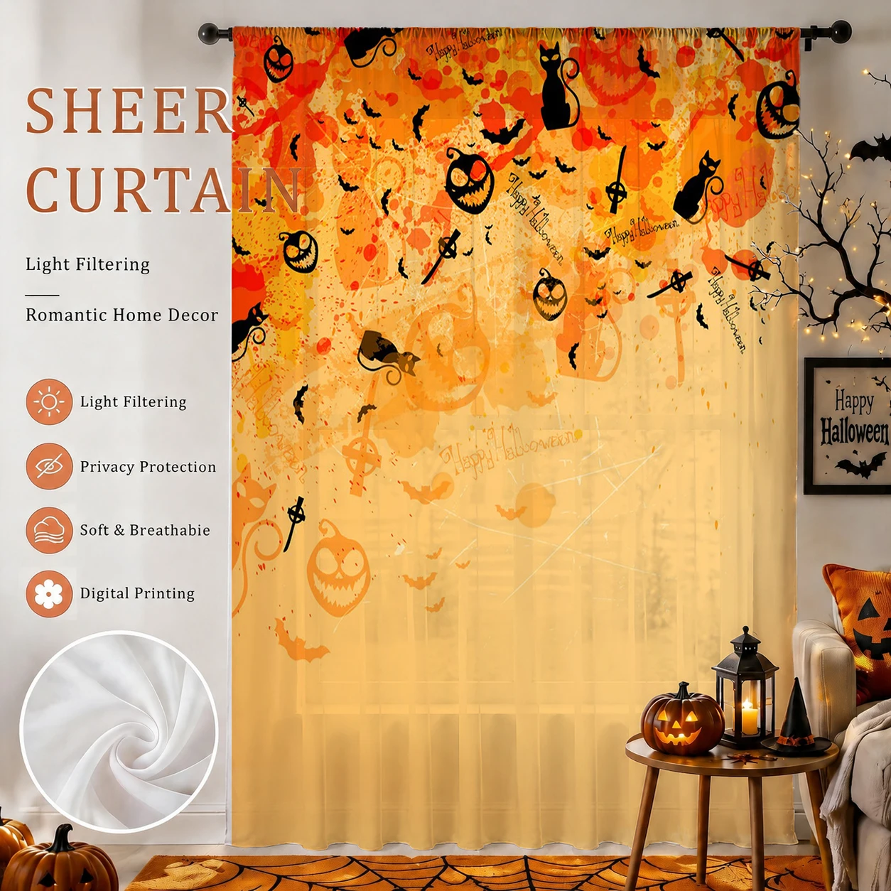 1Pc Spooky Halloween Sheer Cur - Curtain Rods recension och pris